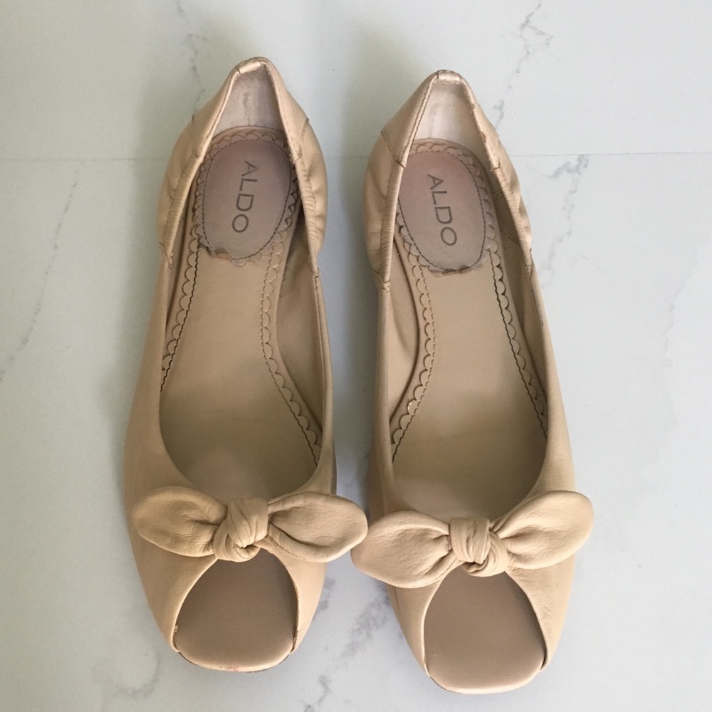 Aldo Beige Bowed Peep Toe Leather Flats